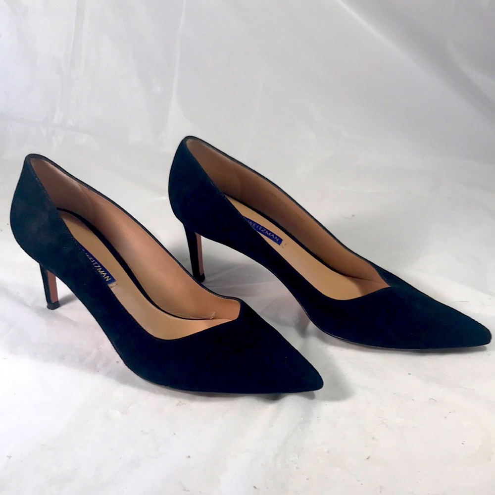 Stuart Weitzman Women’s “Stuart” Classic Black Suede Pointy Toe Slip On Pumps